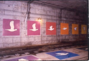 Birds in Flight is a series of painted panels in the downtown St. Louis MetroLink tunnel created by Peter Tao, Helen Lee, Stuart and Stacey Morse in 1997.
