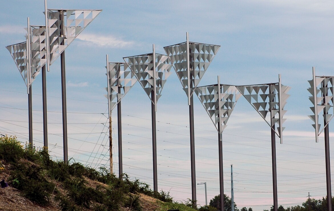 Aquilone is a series of kinetic public art sculptures created by artist Doug Hollis and installed the Shrewsbury Landsdown I-44 MetroLink station. The nine sculptures move and flutter in the wind.